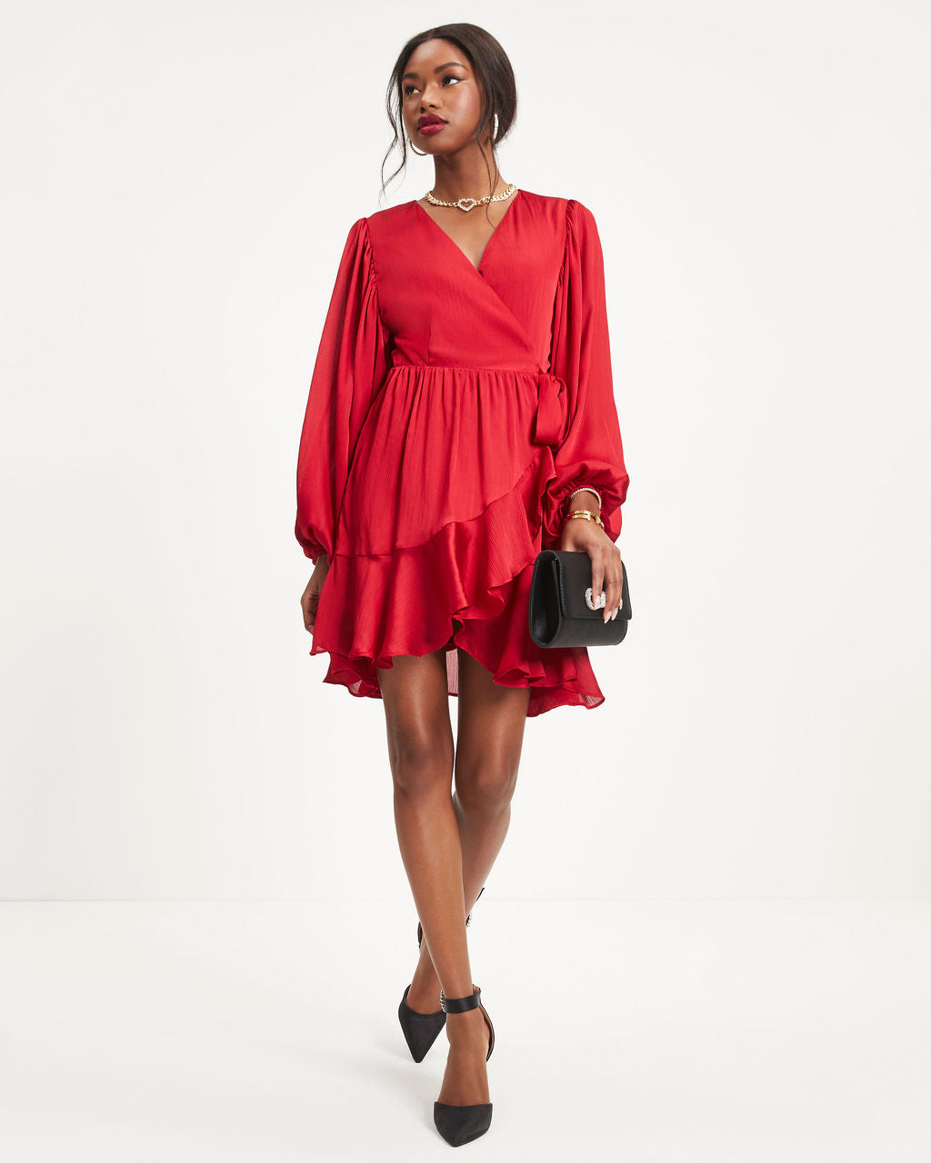 Whitney Satin Wrap Ruffle Mini Dress - Red