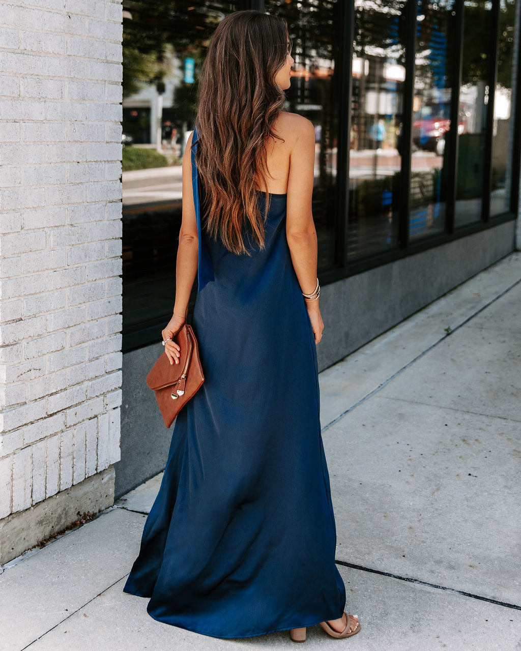 Invite Only Satin One Shoulder Maxi Dress - Navy