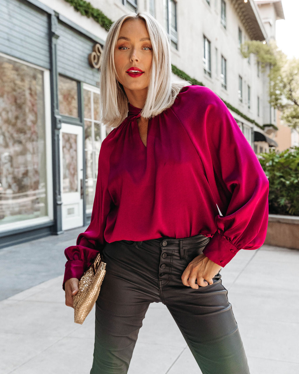 Overall Gratitude Satin Balloon Sleeve Top - Wine