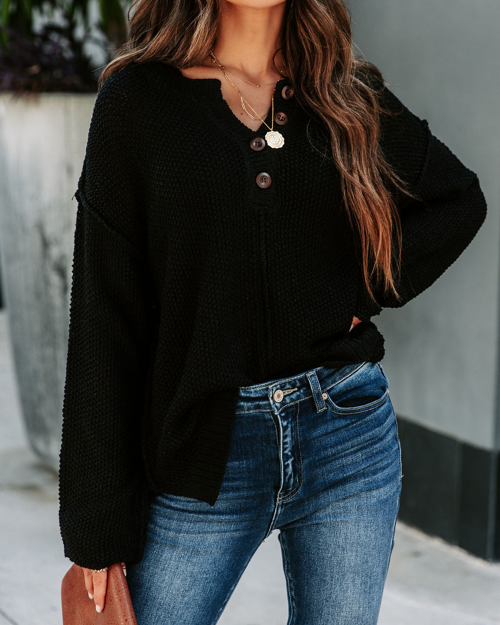 Stacey Knit Henley Sweater - Black