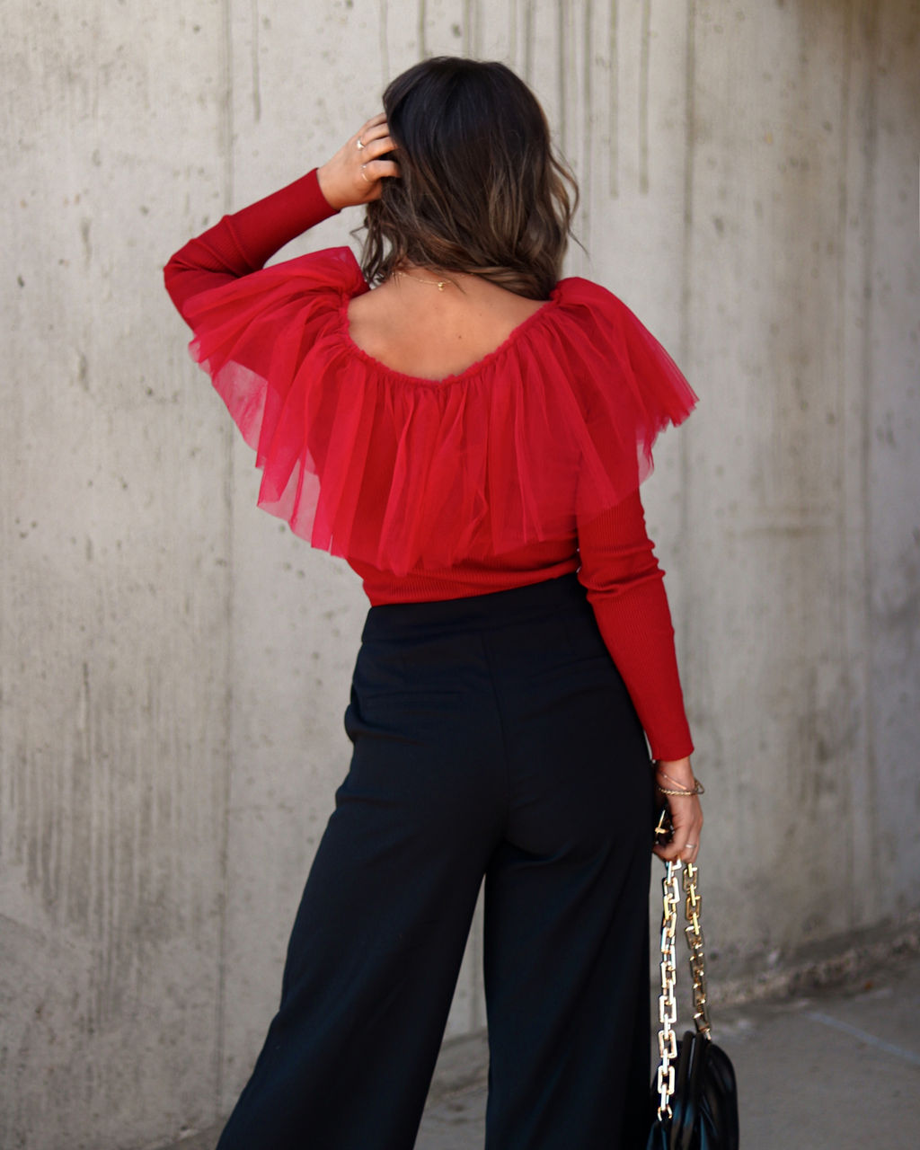 Picture Perfect Glam Ribbed Knit Ruffle Tulle Top - Red