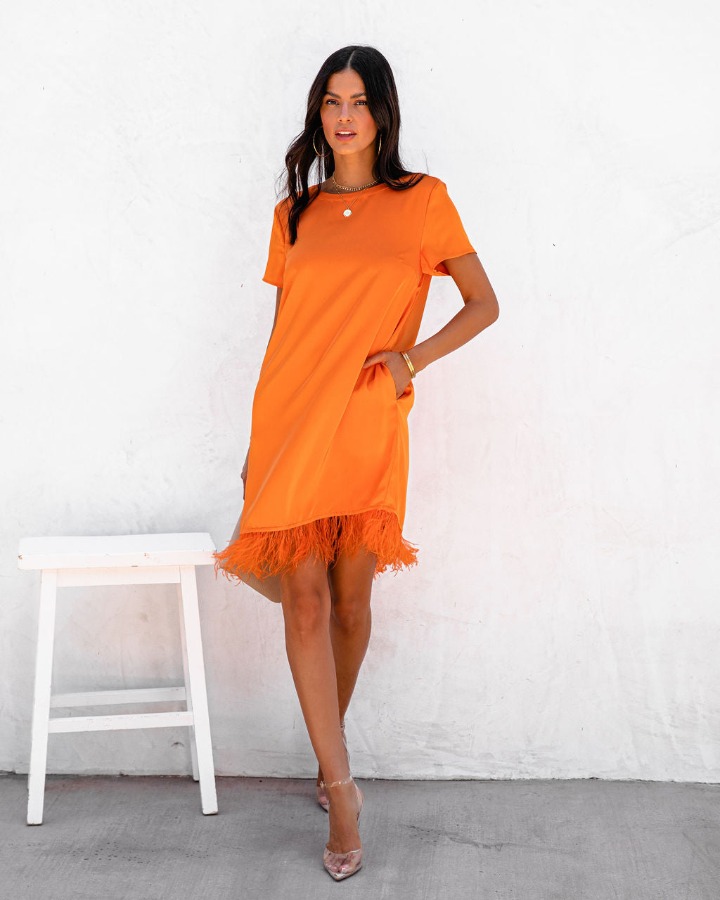 Zaldana Pocketed Feather Trim Dress - Orange - FINAL SALE