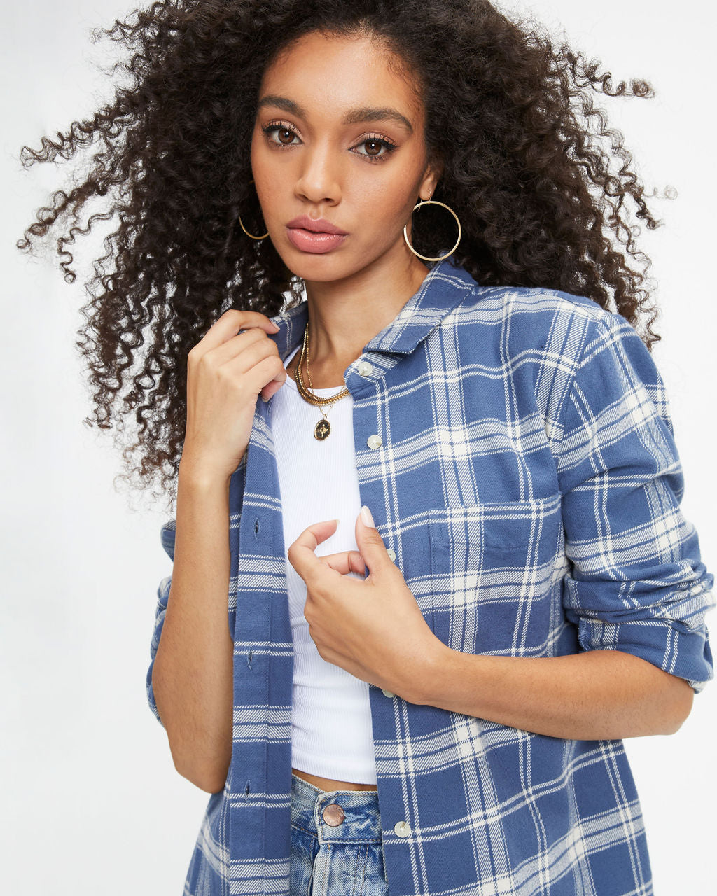 Oxford Plaid Pocketed Button Down Top