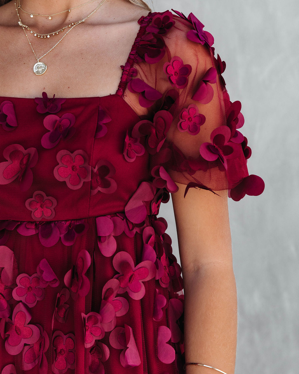 Forever Be My Always Floral Applique Tulle Babydoll Dress - Wine