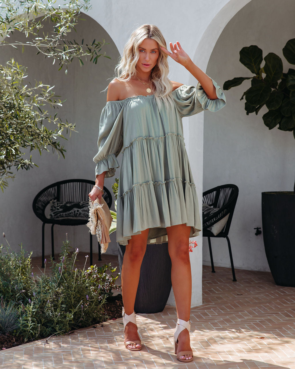 Samson Off The Shoulder Ruffle Tiered Dress - Sage - SALE