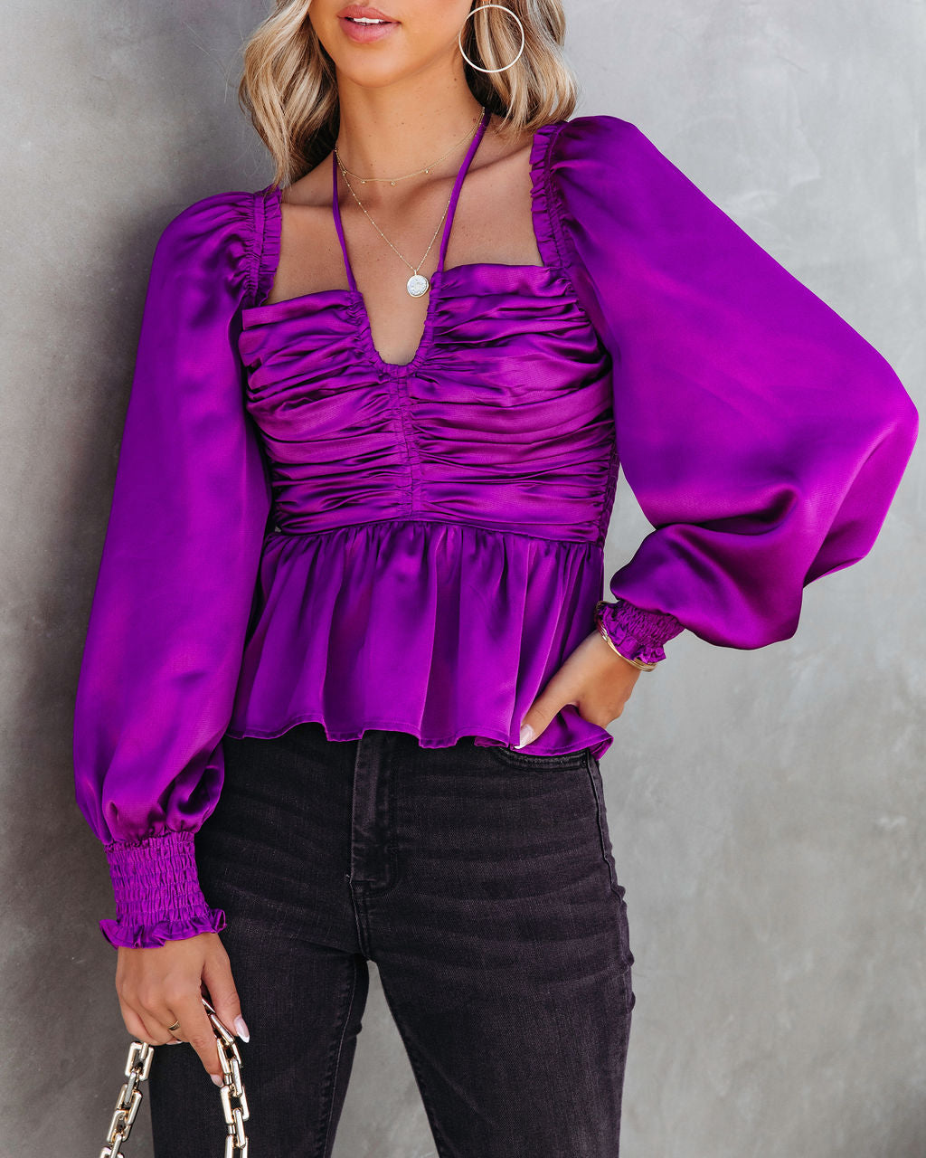 Skylynn Satin Ruched Top - Purple