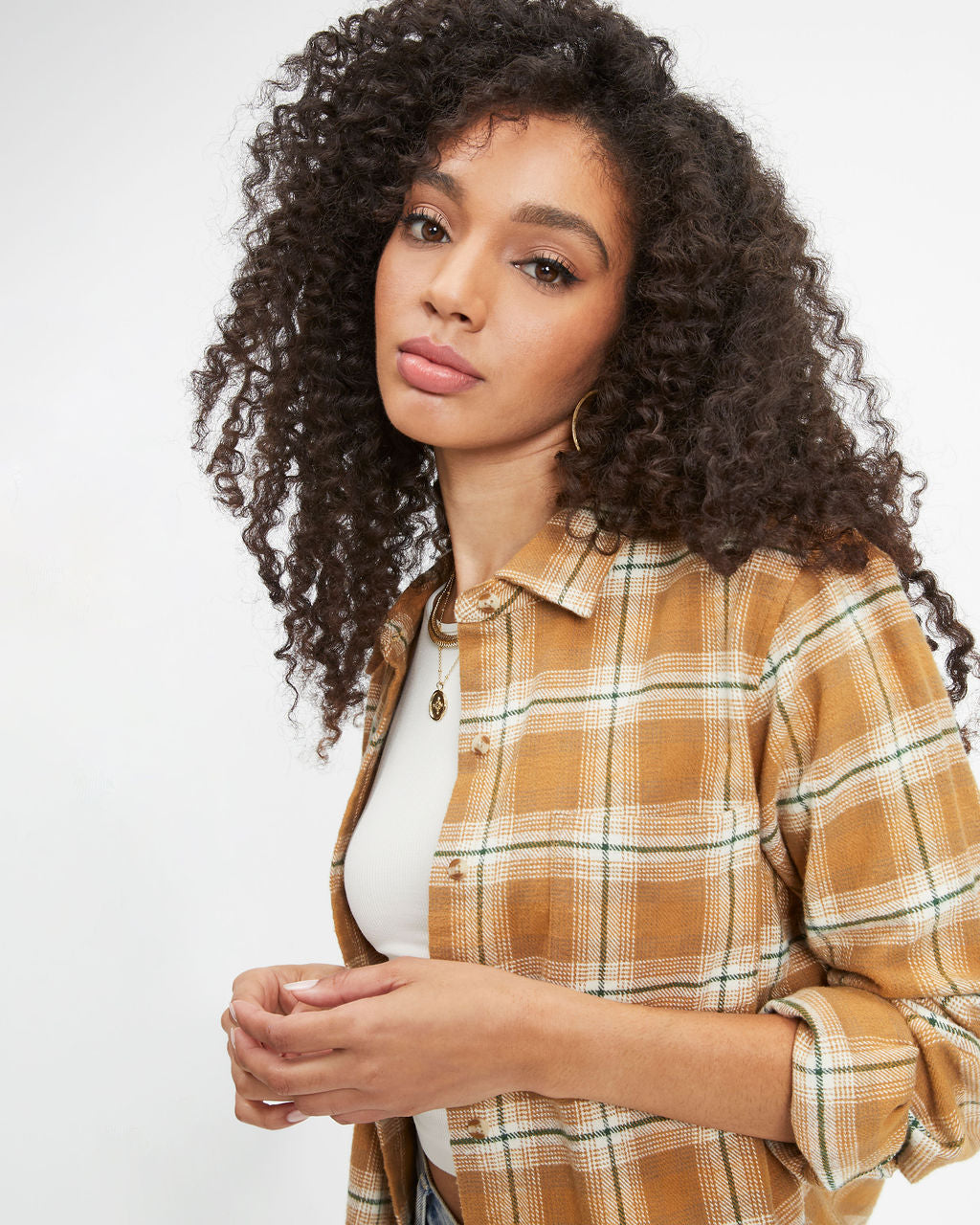 Falls Gold Rush Plaid Button Down Top