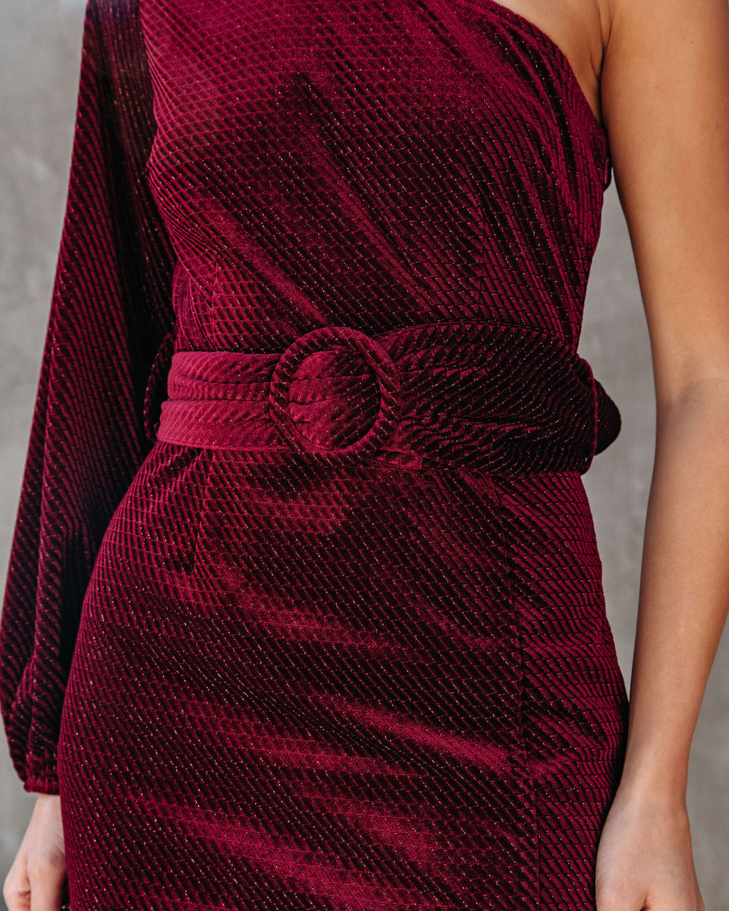 Honestly Breathtaking One Shoulder Belted Textured Velvet Midi Dress - Wine