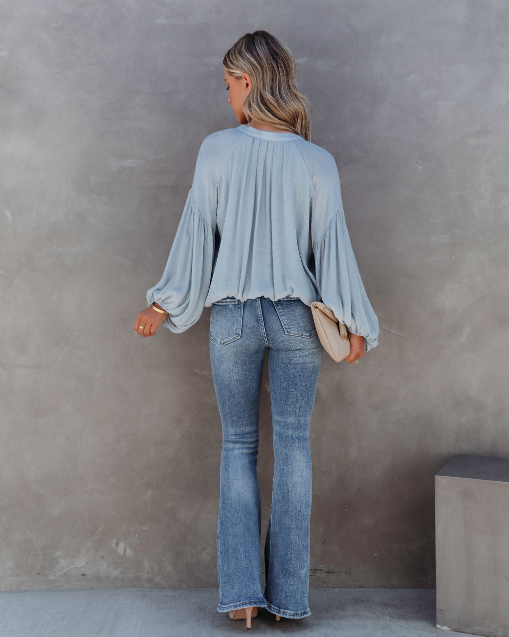 Bodhi Balloon Sleeve Button Up Top - Light Blue