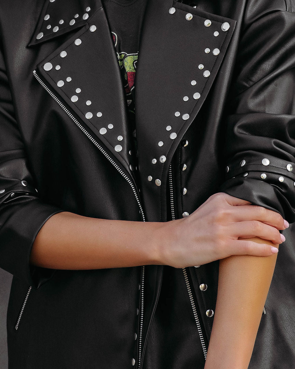 Davidson Faux Leather Pocketed Studded Jacket - Black