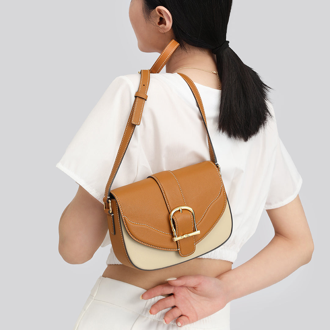 Handmade Milk Tea SWIFT Leather Crossbody Flap Saddle Bags