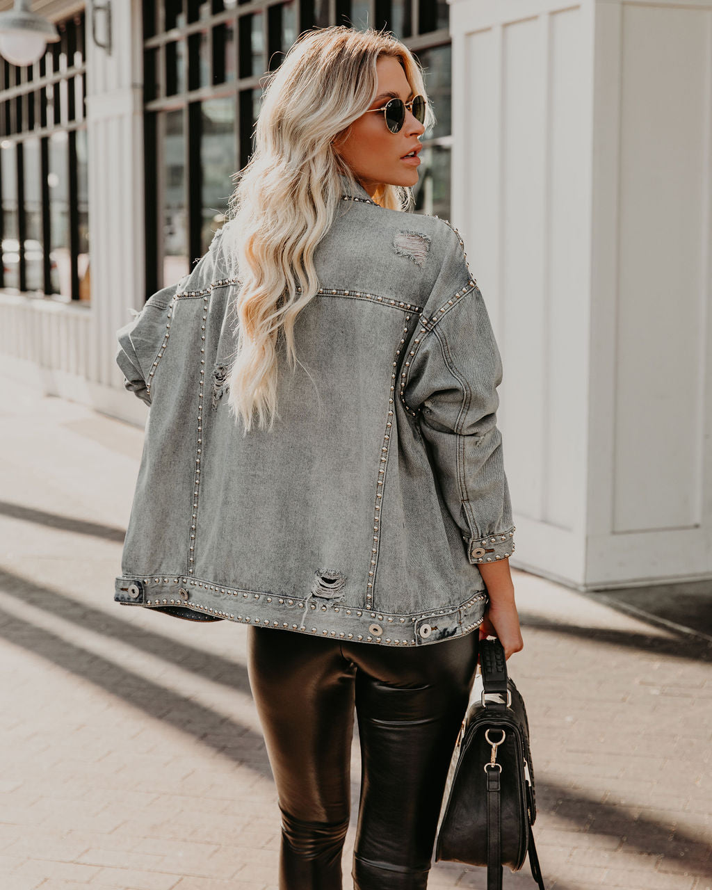 Kind Of A Big Deal Pocketed Studded Denim Jacket - Light Wash