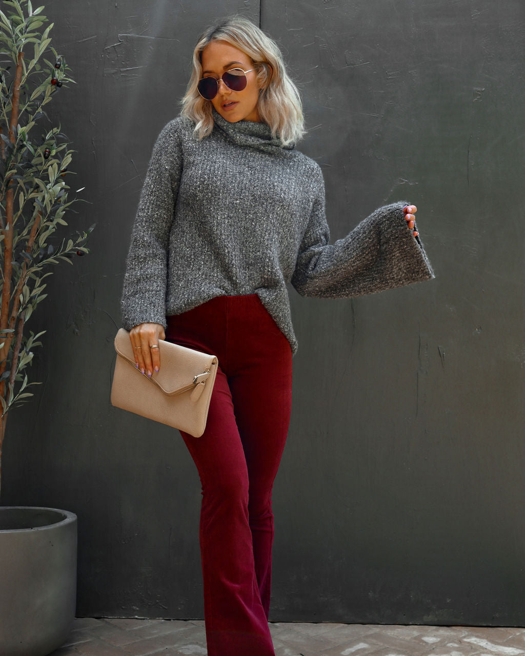Warmest Wishes Knit Cowl Neck Bell Sleeve Sweater - Grey - SALE