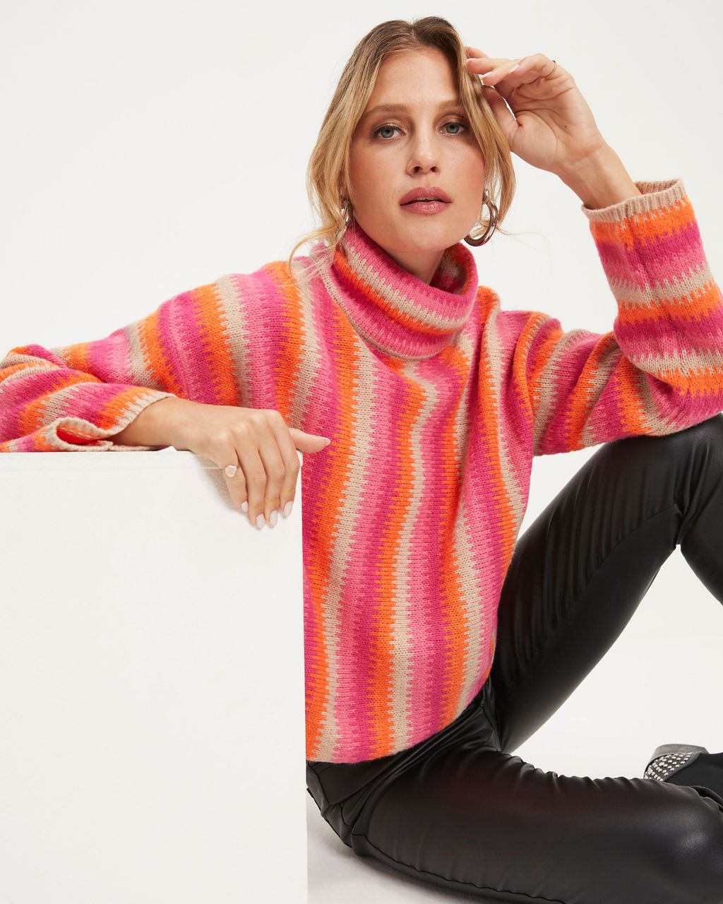Joyful One Striped Knit Turtleneck Pullover Sweater