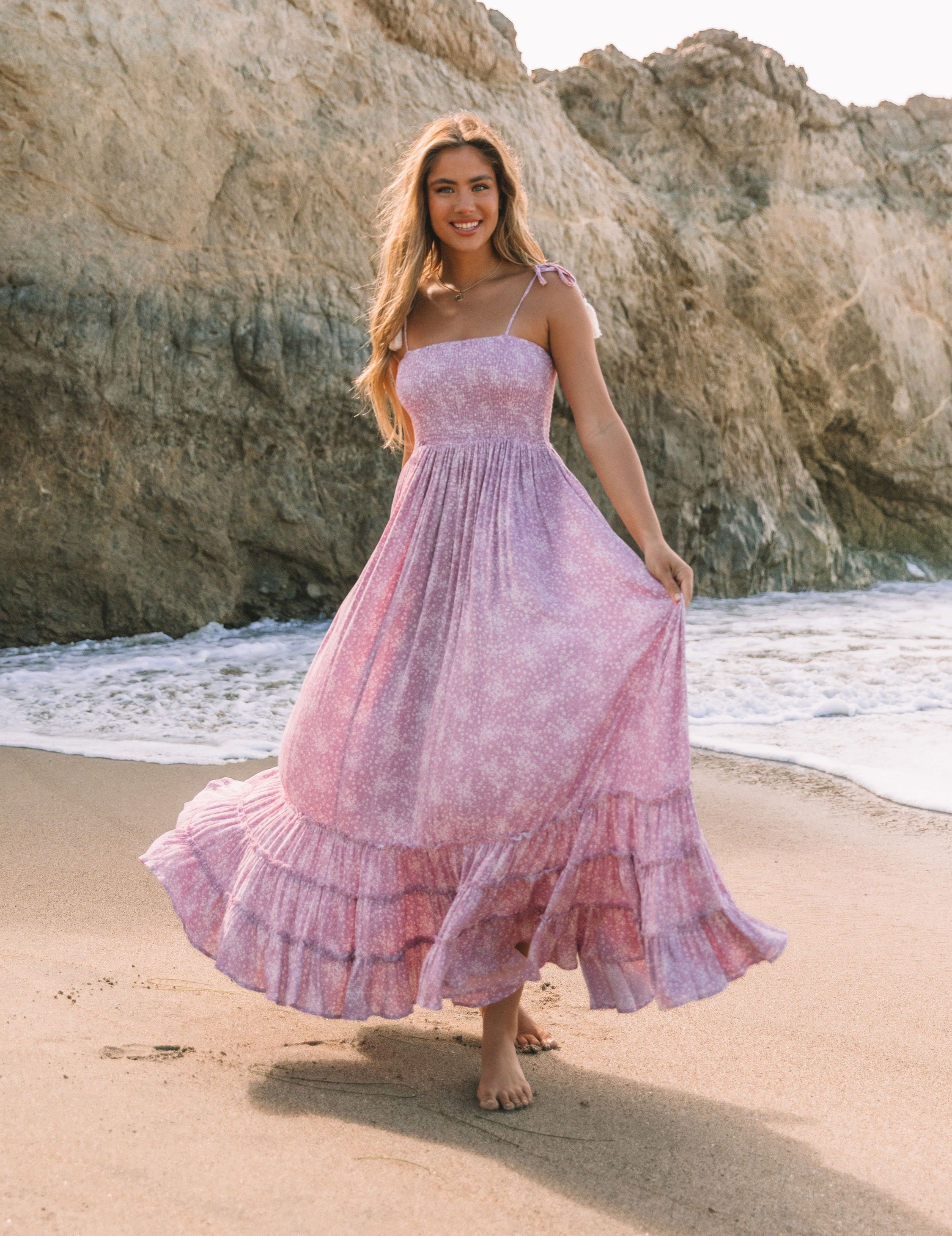 Bradlea Smocked Tassel Tie Maxi Dress - Lilac - SALE