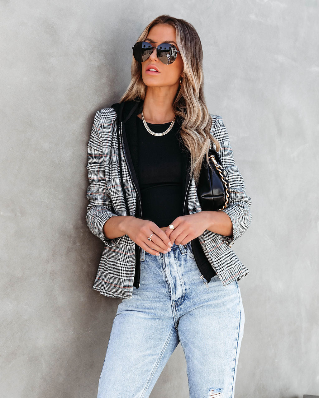 Avant Garde Gal Plaid Pocketed Hooded Blazer