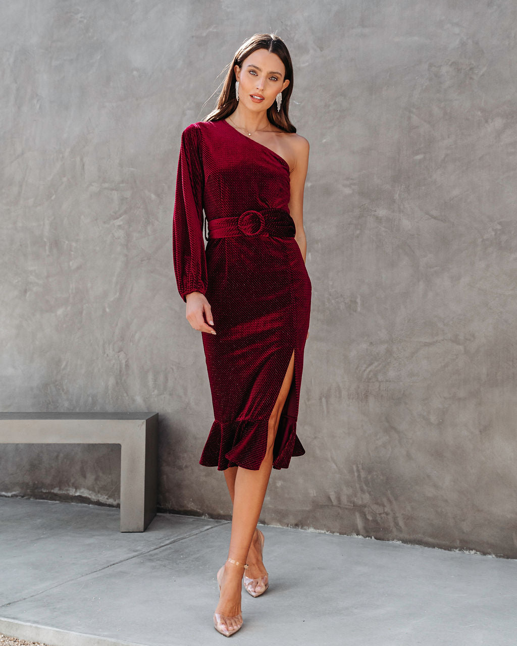 Honestly Breathtaking One Shoulder Belted Textured Velvet Midi Dress - Wine