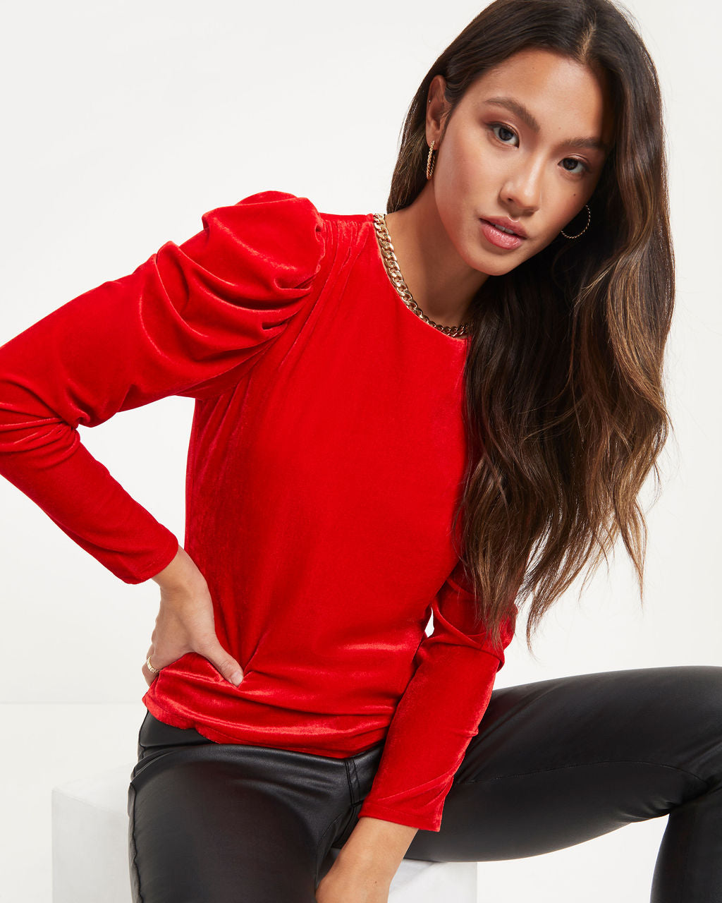 Be Still My Heart Velvet Puff Sleeve Top - Red