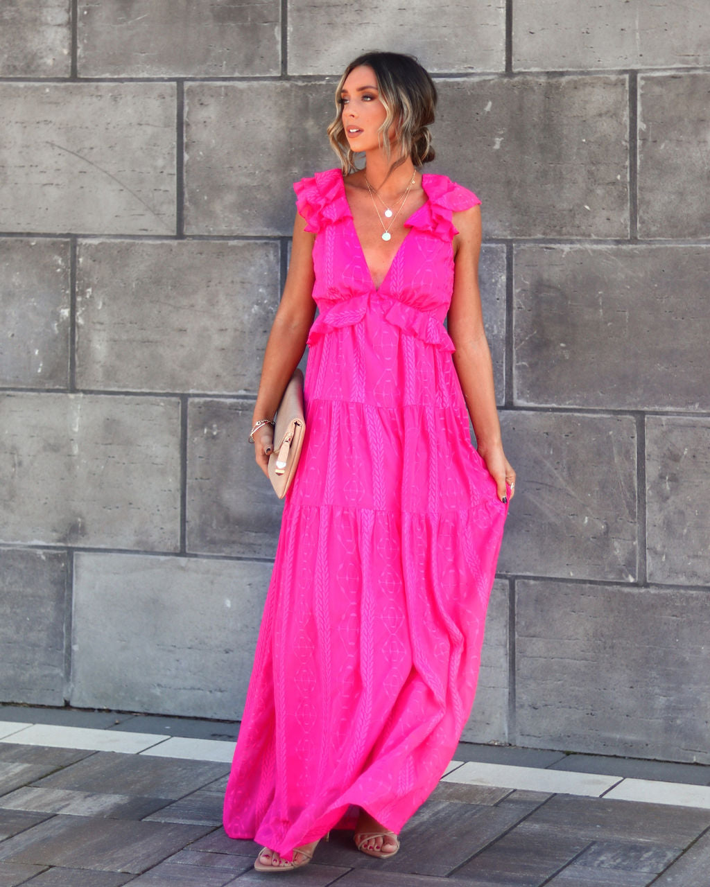 Debbie Embroidered Ruffle Maxi Dress - Fuchsia