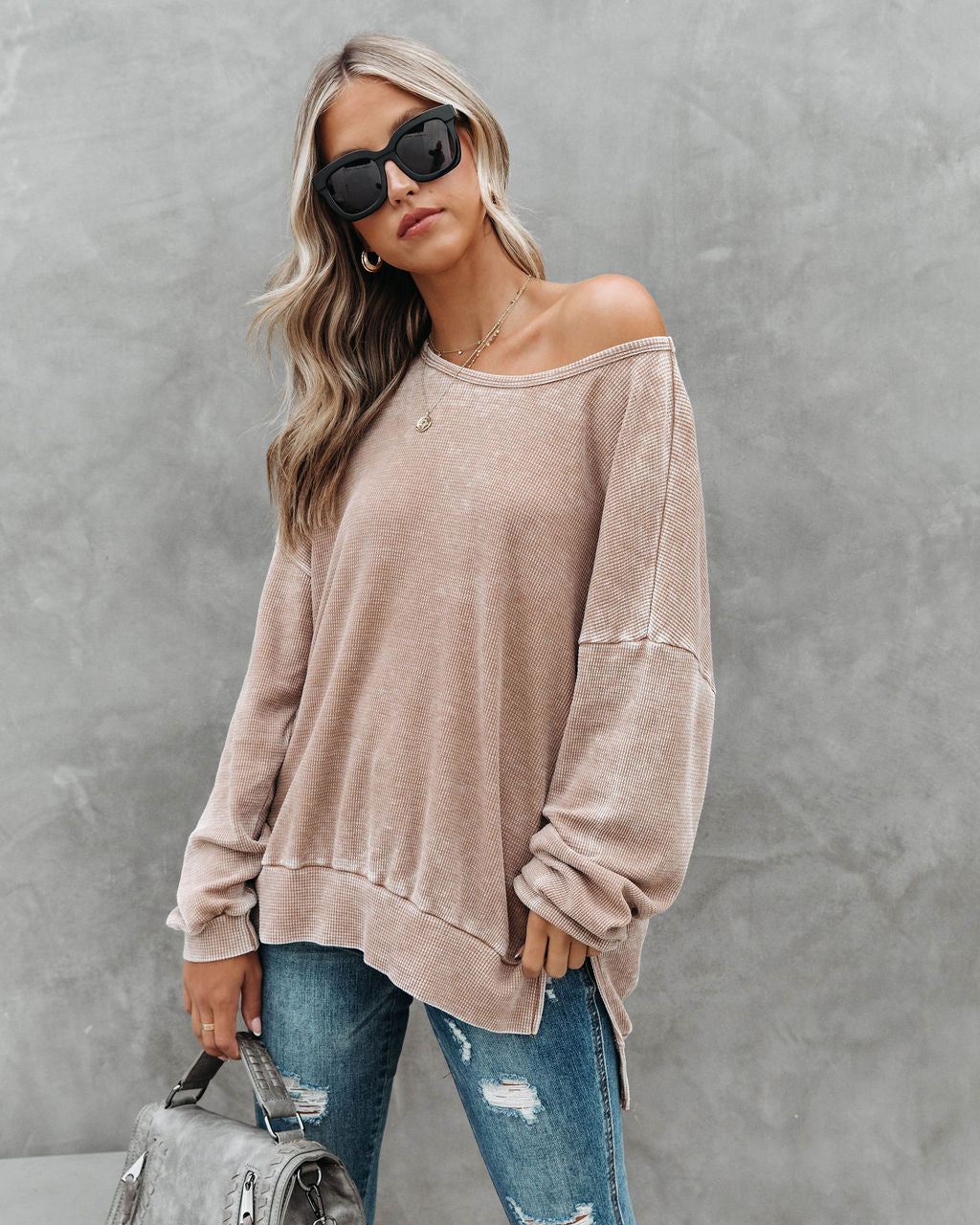Tahoe Bound Waffle Knit Long Sleeve Top - Light Mocha