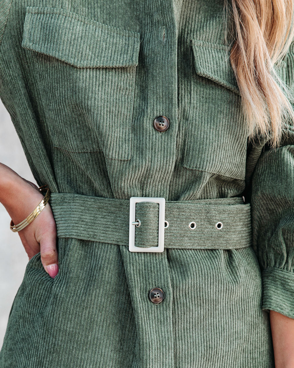 Charlene Corduroy Belted Button Down Shirt Dress - Olive