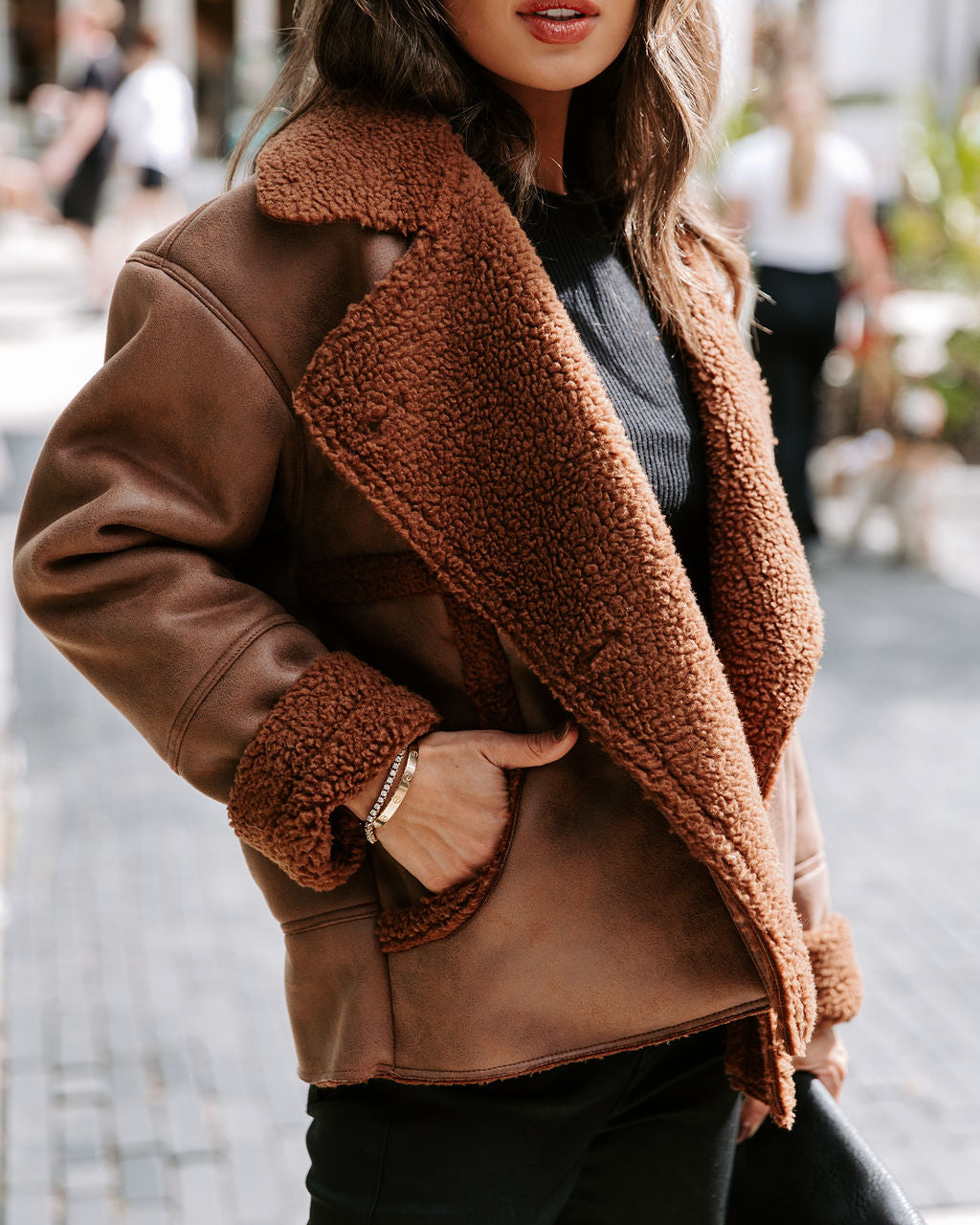 Karen Pocketed Faux Suede Sherpa Trim Jacket - Chocolate