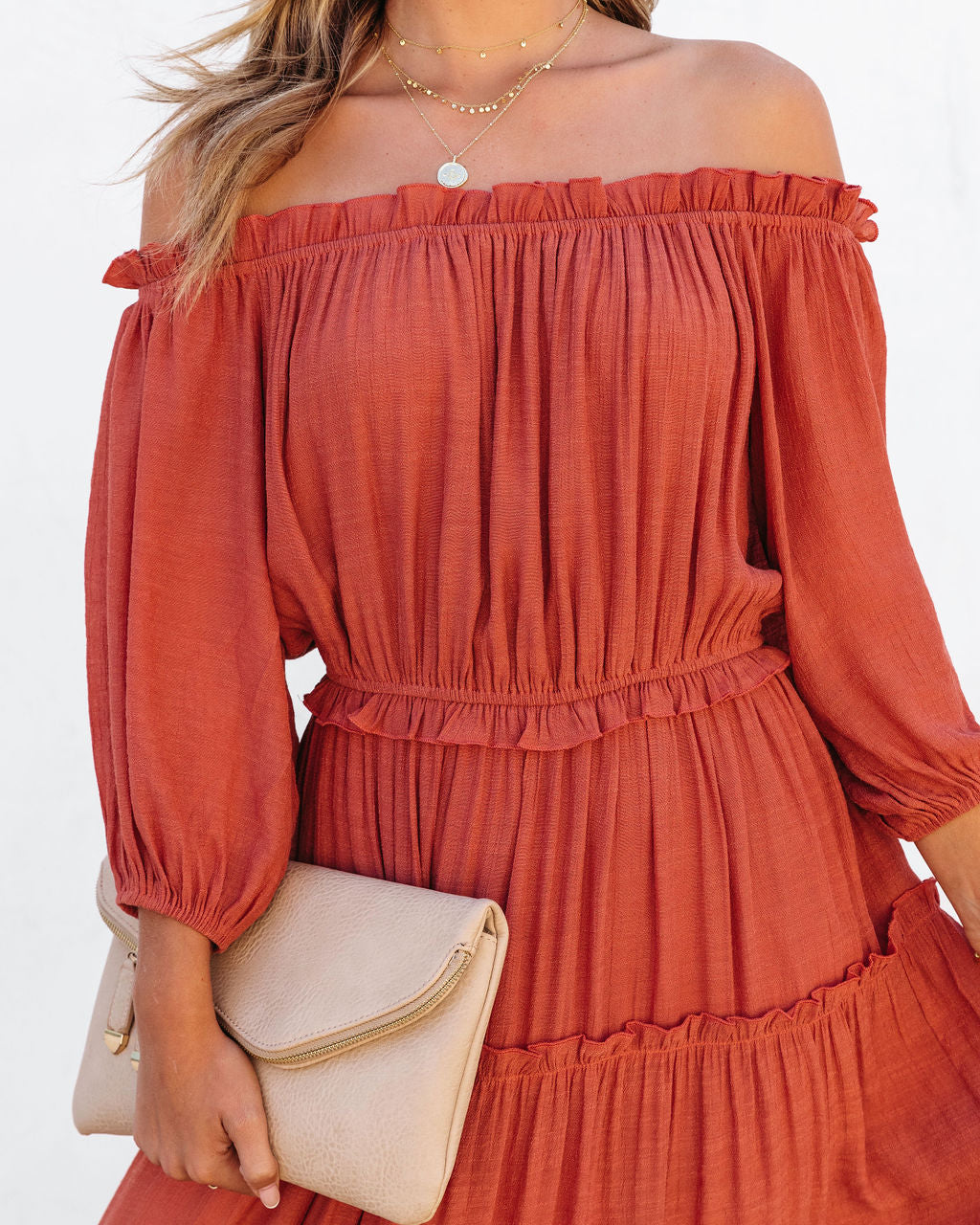 Caught In Your Embrace Off The Shoulder Maxi Dress - Terracotta