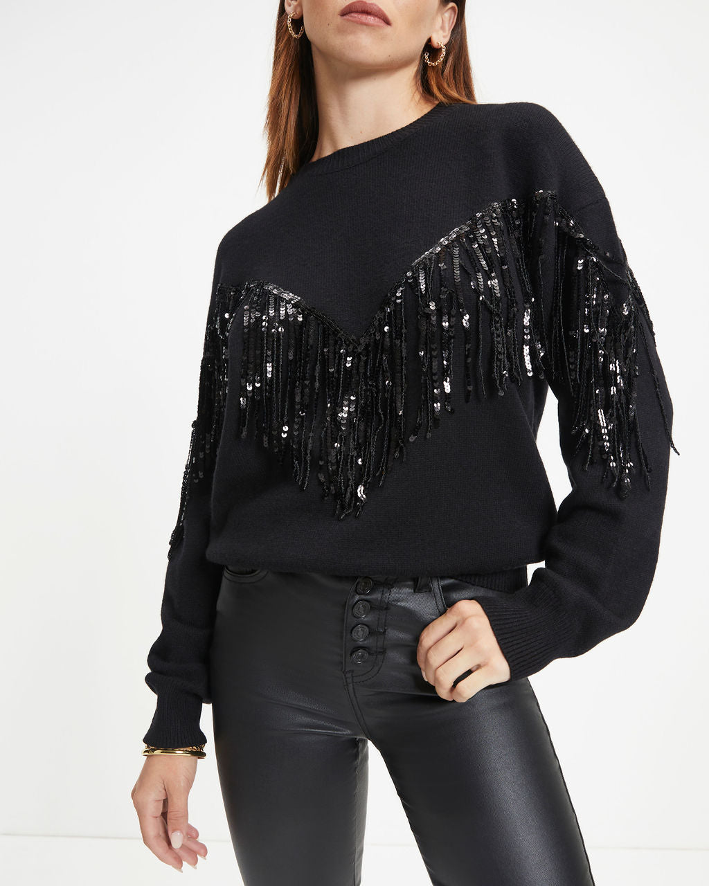 Western Glam Knit Fringe Sequin Pullover Sweater - Black