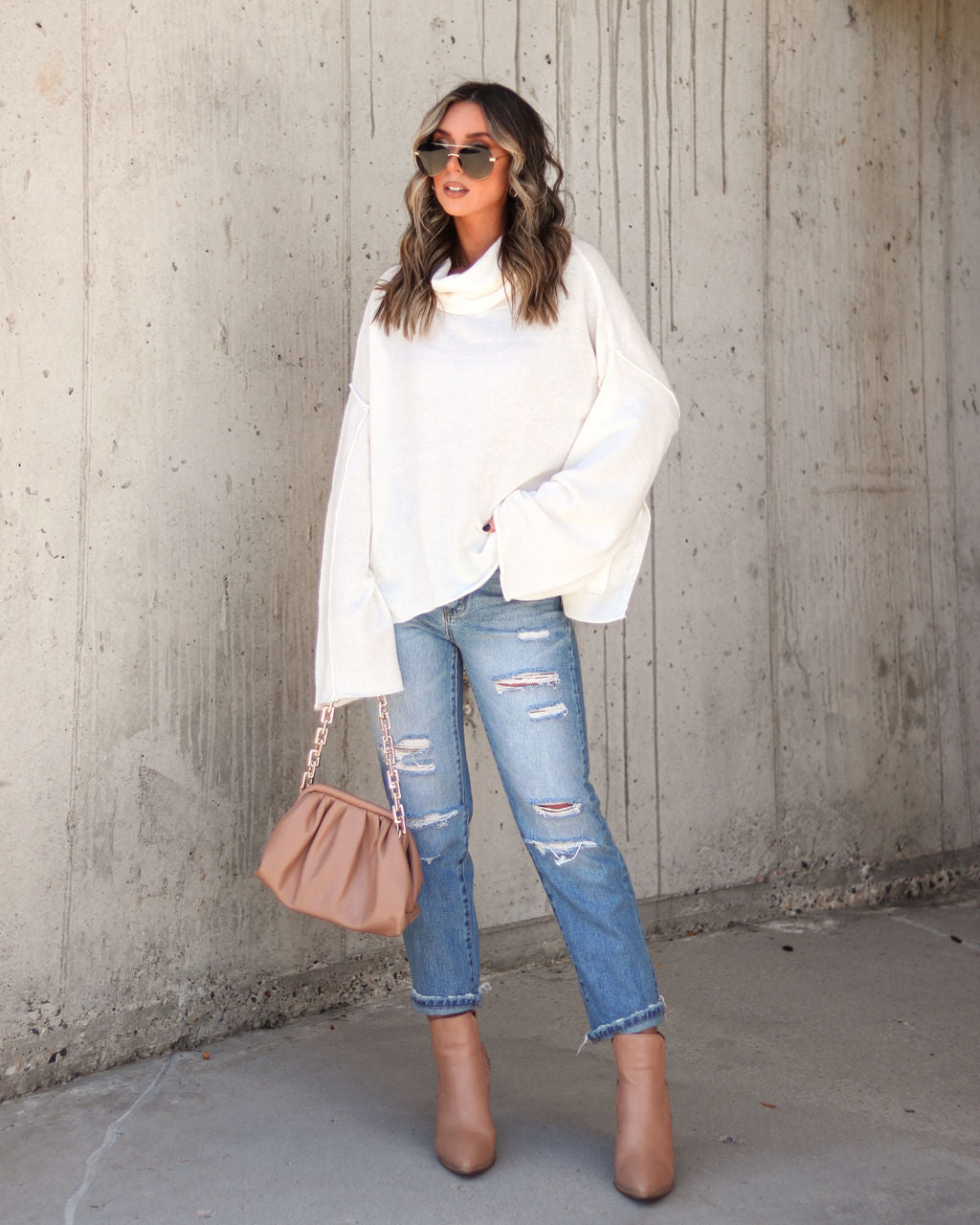 Unfinished Biz Knit Turtleneck Pullover Sweater - Cream