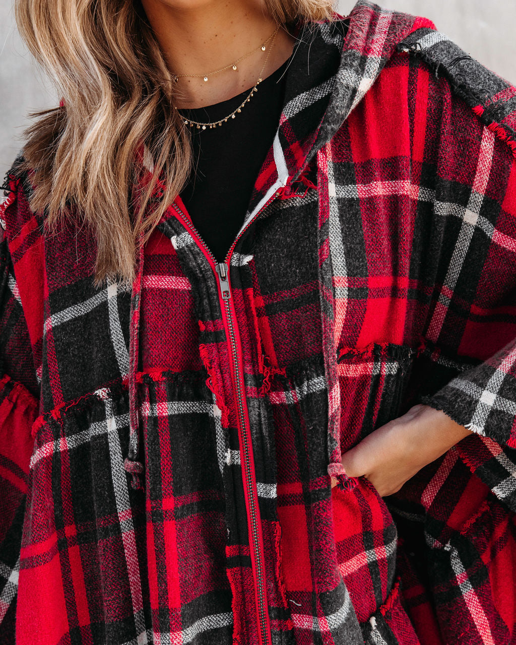 Pleasant Surprise Plaid Hooded Jacket - Red
