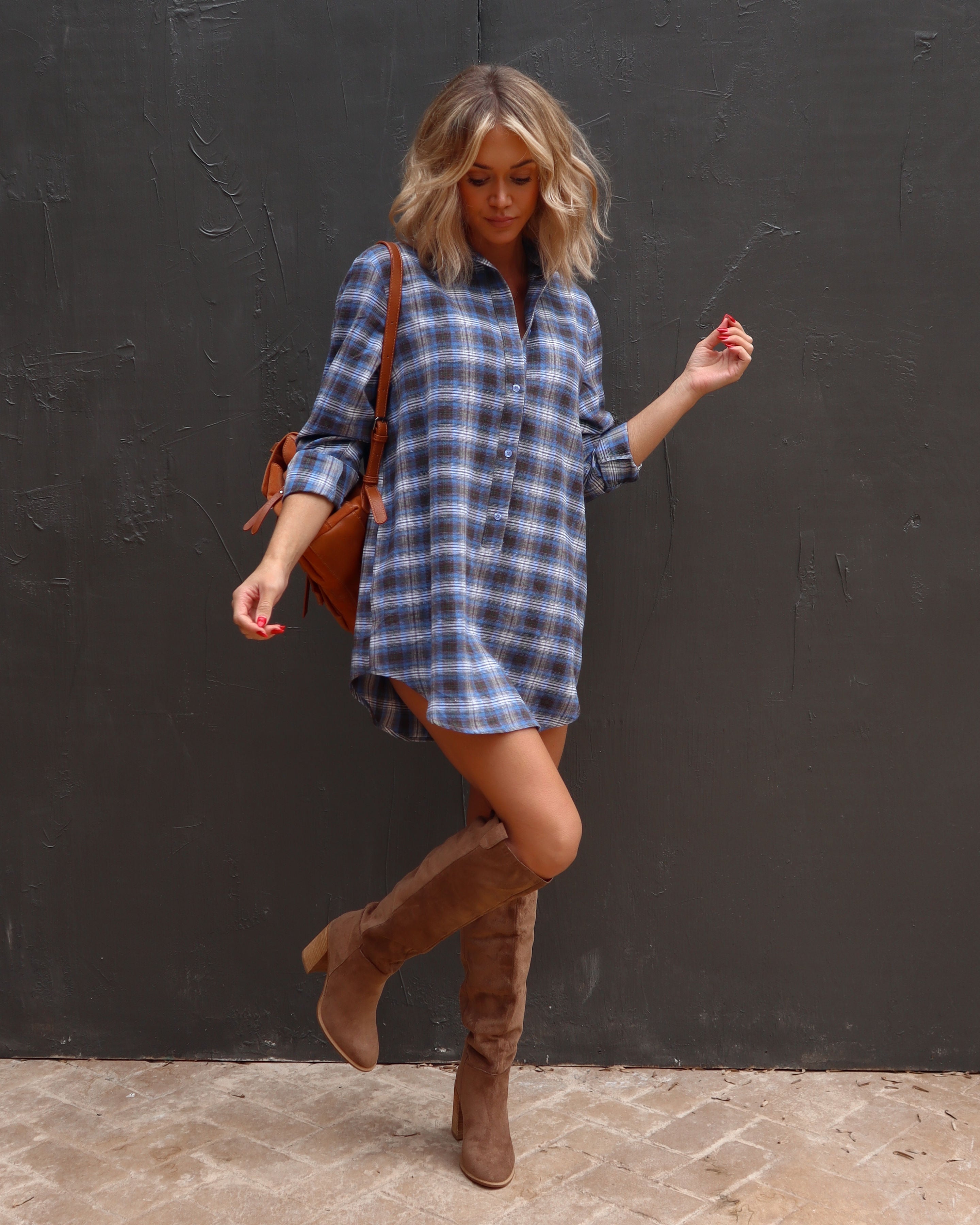 Averie Plaid Pocketed Shirt Dress - Blue