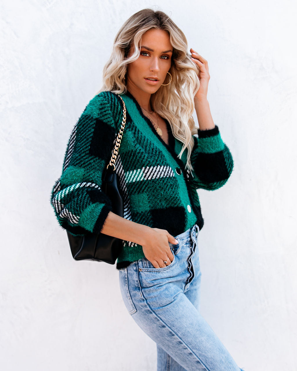 Taylor Plaid Fuzzy Knit Cardigan - Green