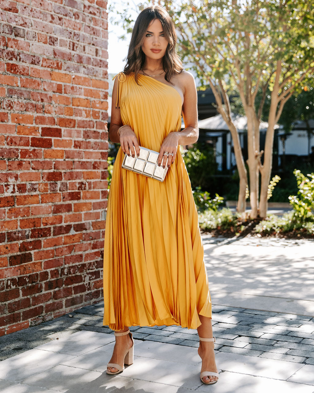 Melina Satin One Shoulder Pleated Midi Dress - Marigold