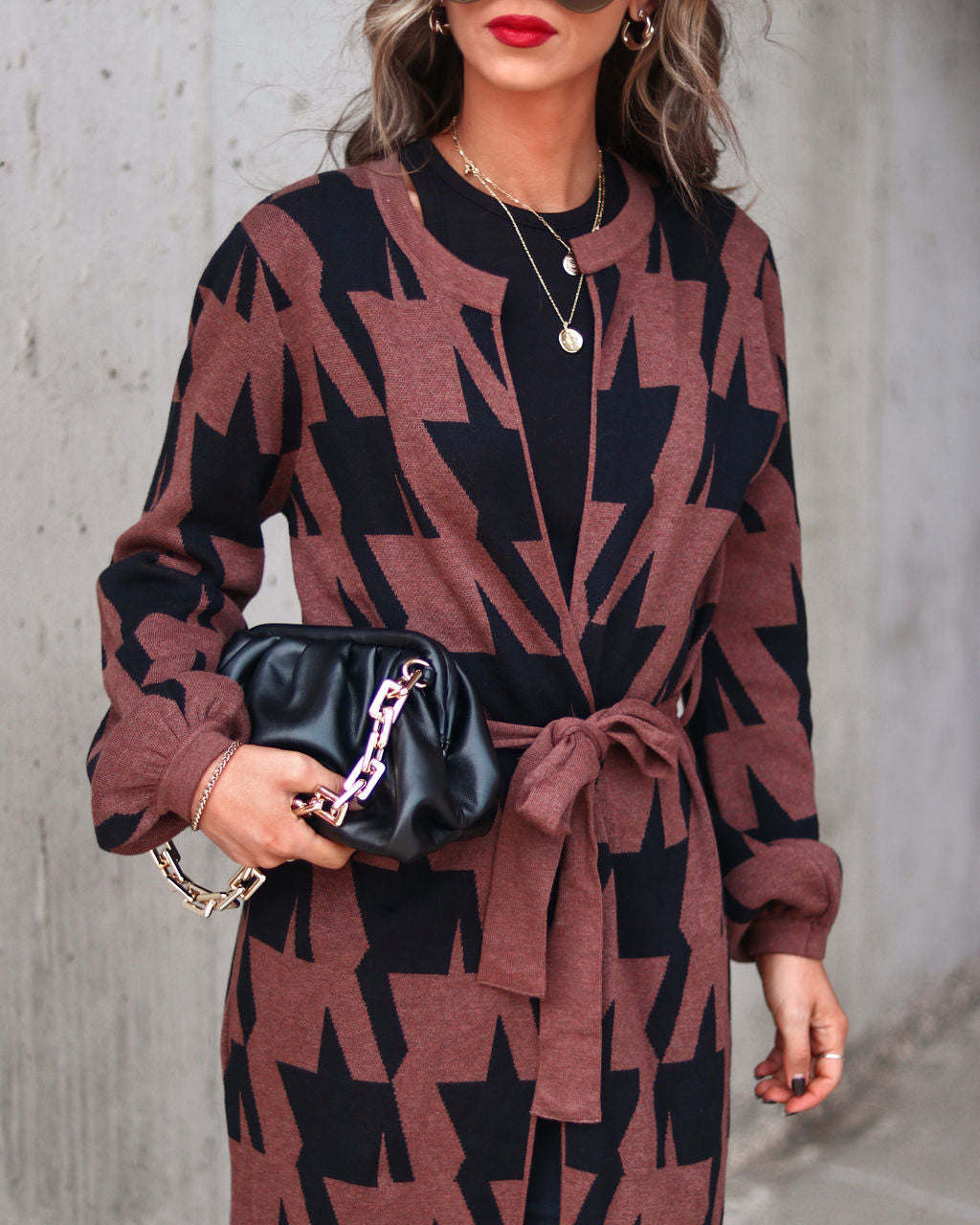Coffee Errands In Style Pocketed Houndstooth Duster Cardigan - Brown