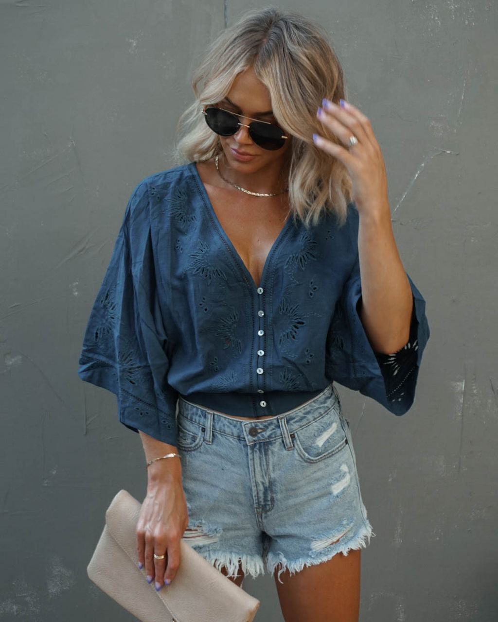 Je T'aime Eyelet Button Down Top - Teal