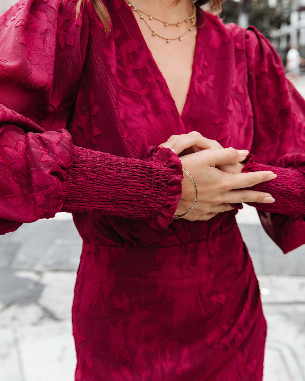 Define The Moment Floral Drape Mini Dress - Wine