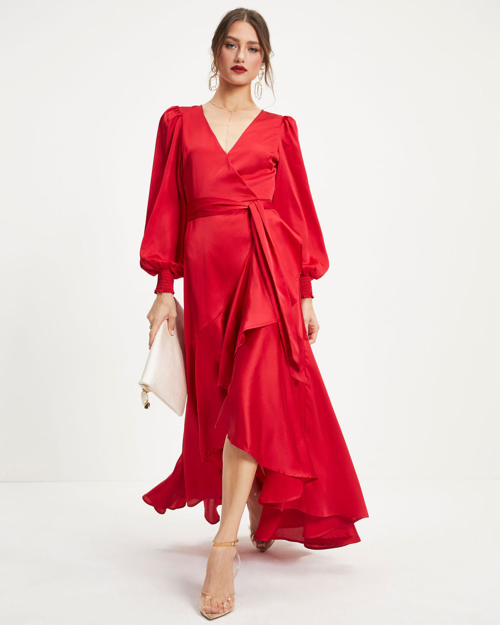 Irresistible Desire Satin Ruffle Maxi Dress - Red