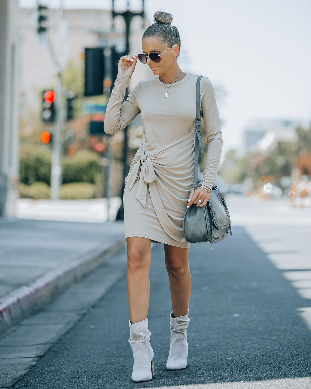 Ayda Drape Front Tie Mini Dress - Sand - FINAL SALE