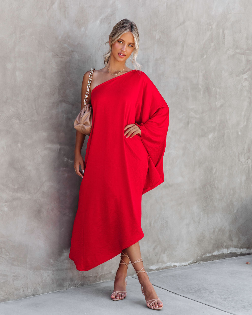 Goddess Of Beauty One Shoulder Satin Maxi Dress - Red