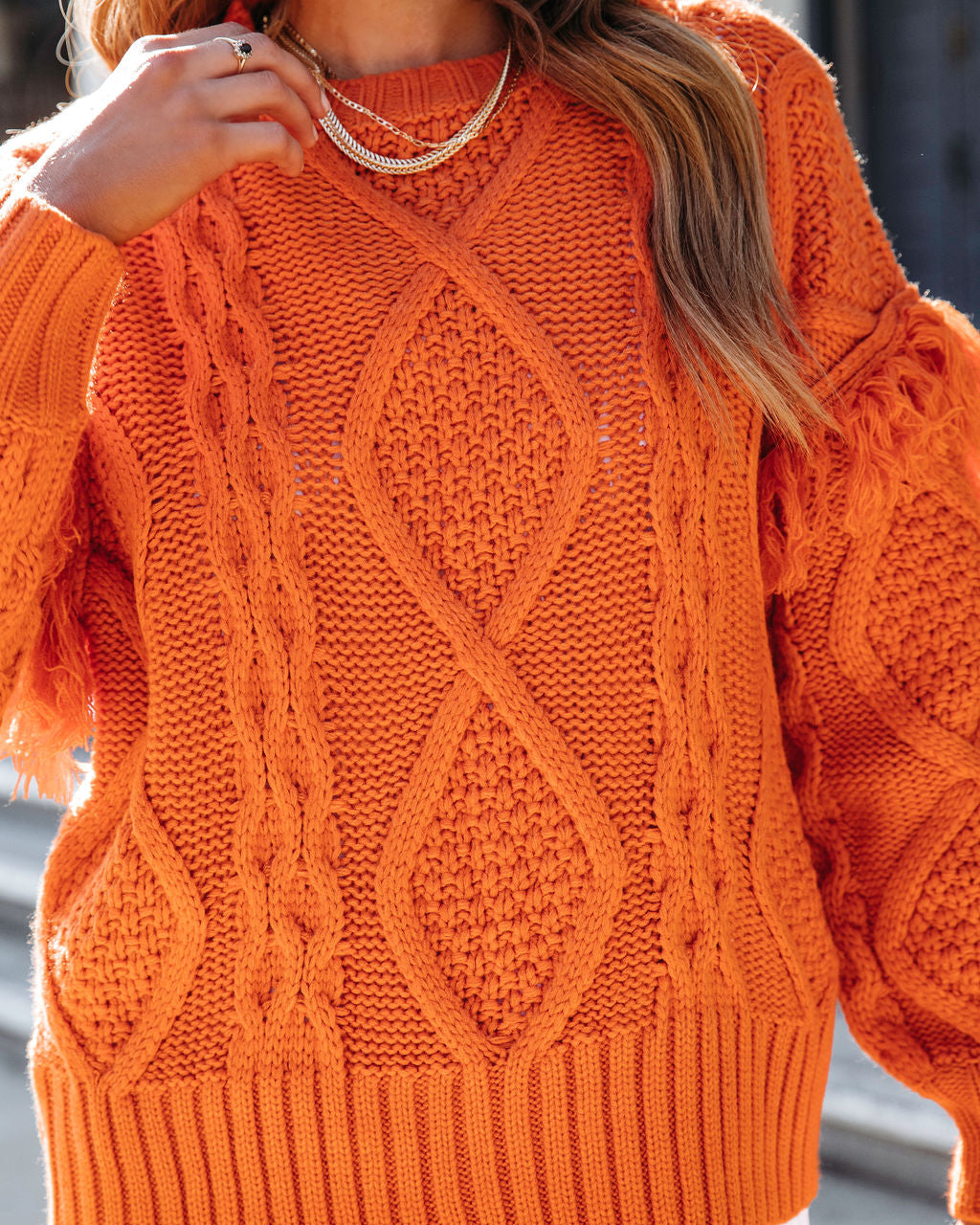 Sun Goes Down Cable Knit Fringe Pullover Sweater - Orange