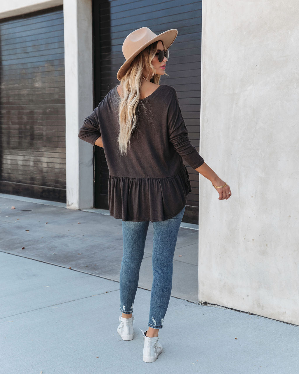 Be Playful Button Down Knit Peplum Top - Asphalt - SALE