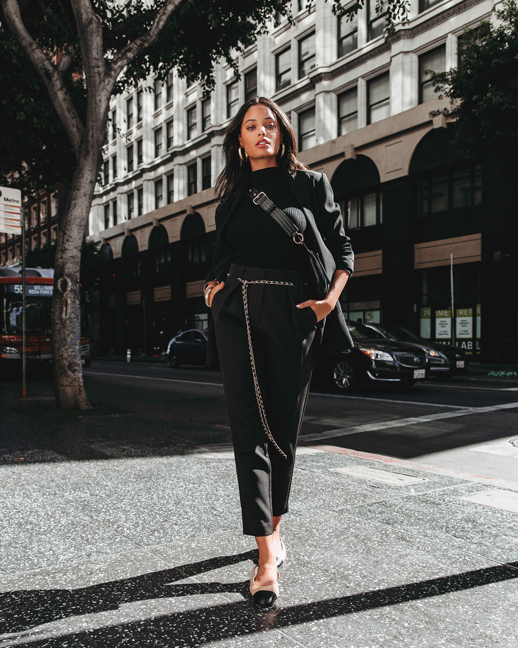 Classic Business Pocketed Chain Belt Trousers - Black