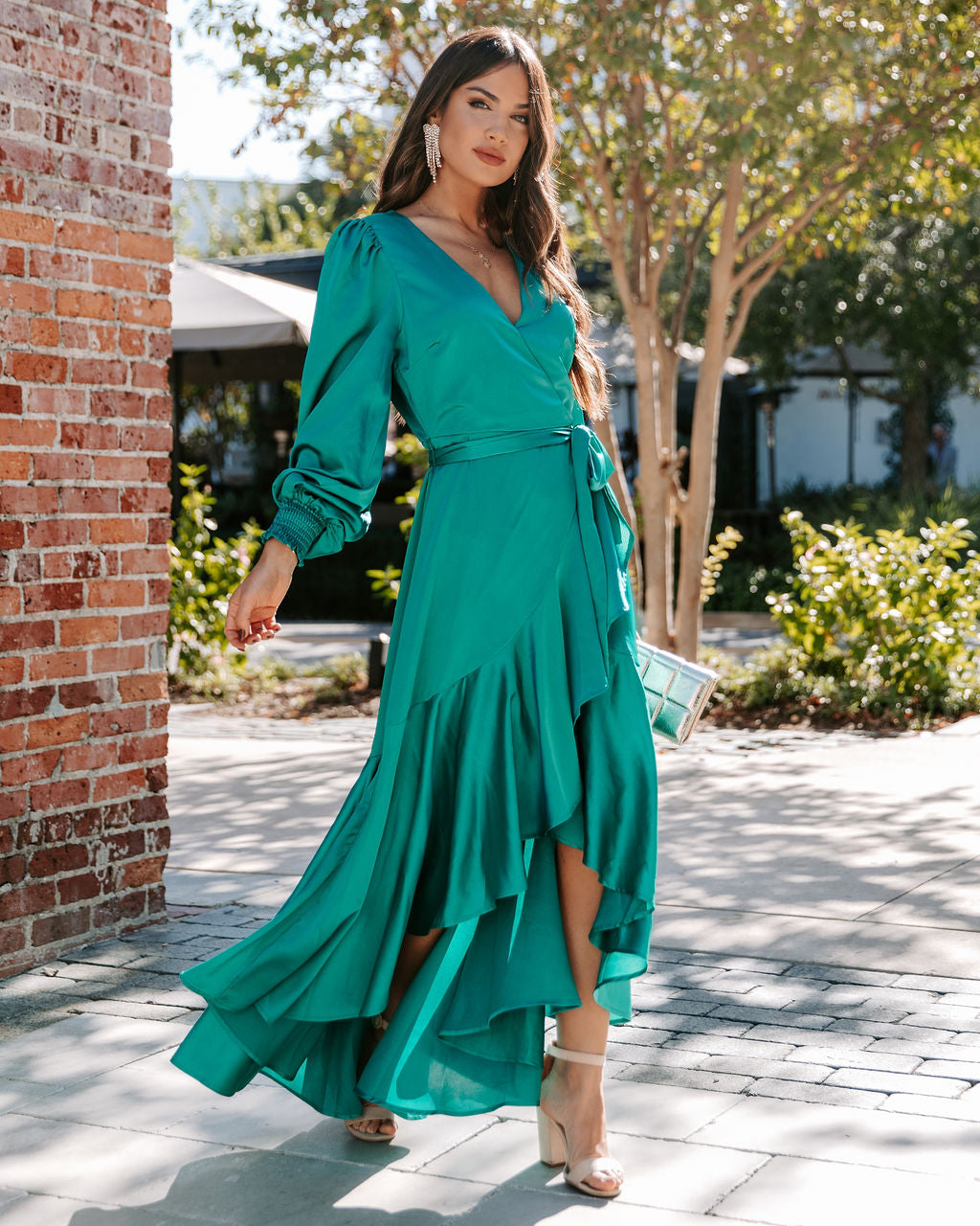 Irresistible Desire Satin Ruffle Maxi Dress - Emerald