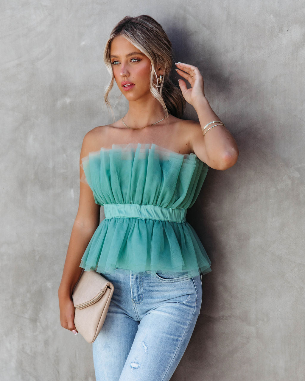 Bradshaw Moment Strapless Tulle Top - Sage