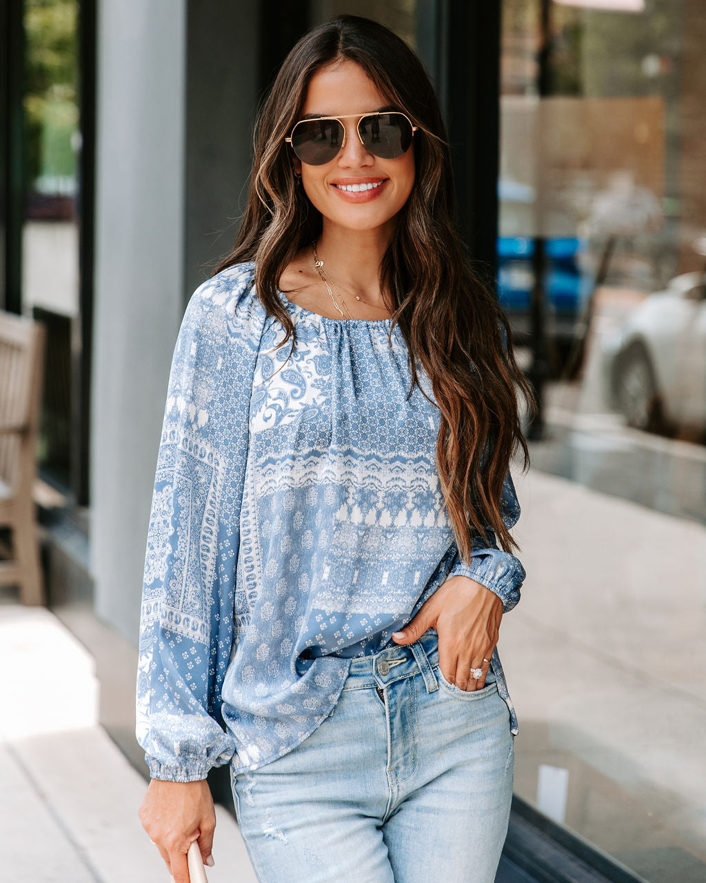 Donna Printed Cutout Top - Ash Blue - FINAL SALE