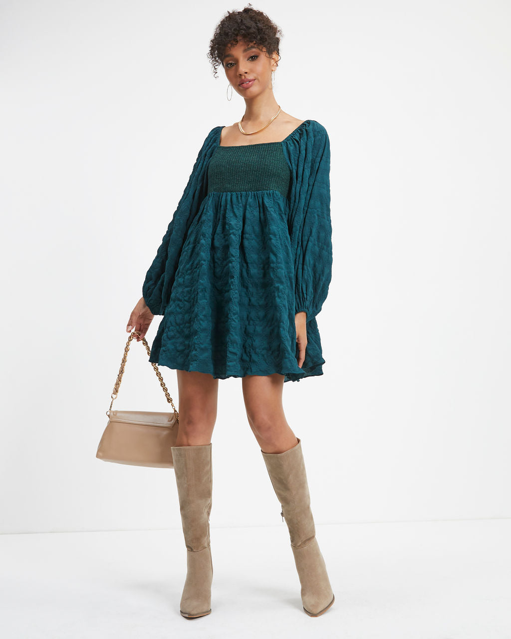 Lost In A Maze Textured Knit Babydoll Dress - Pine