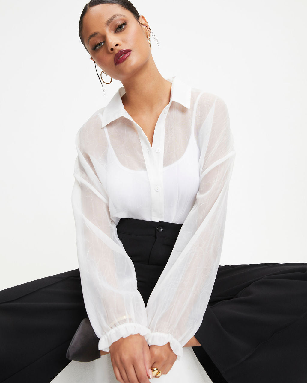 Oh Hey Lucy Organza Button Down Top - White