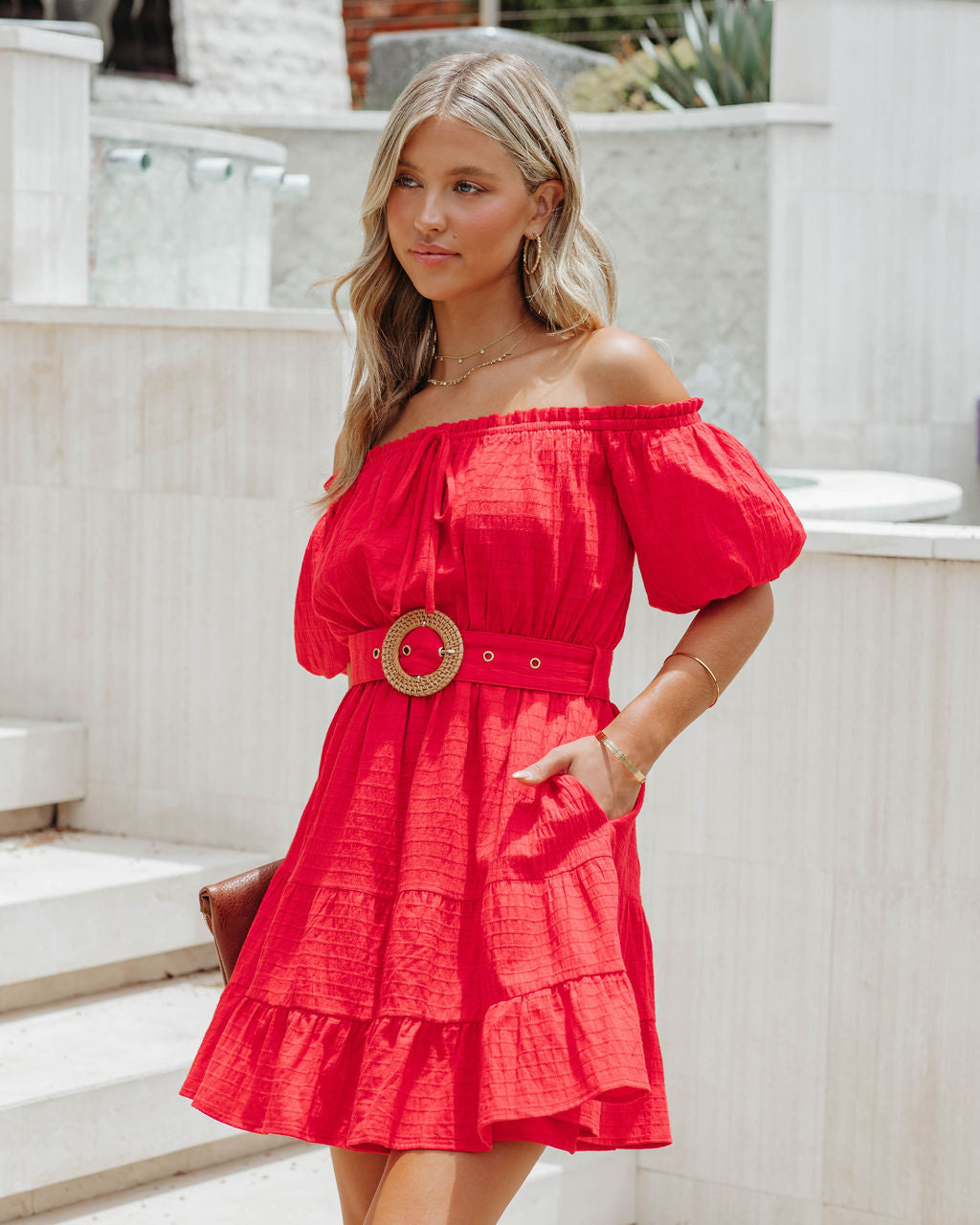 Adassa  Belted Cotton Pocketed Tiered Mini Dress - Red - FINAL SALE