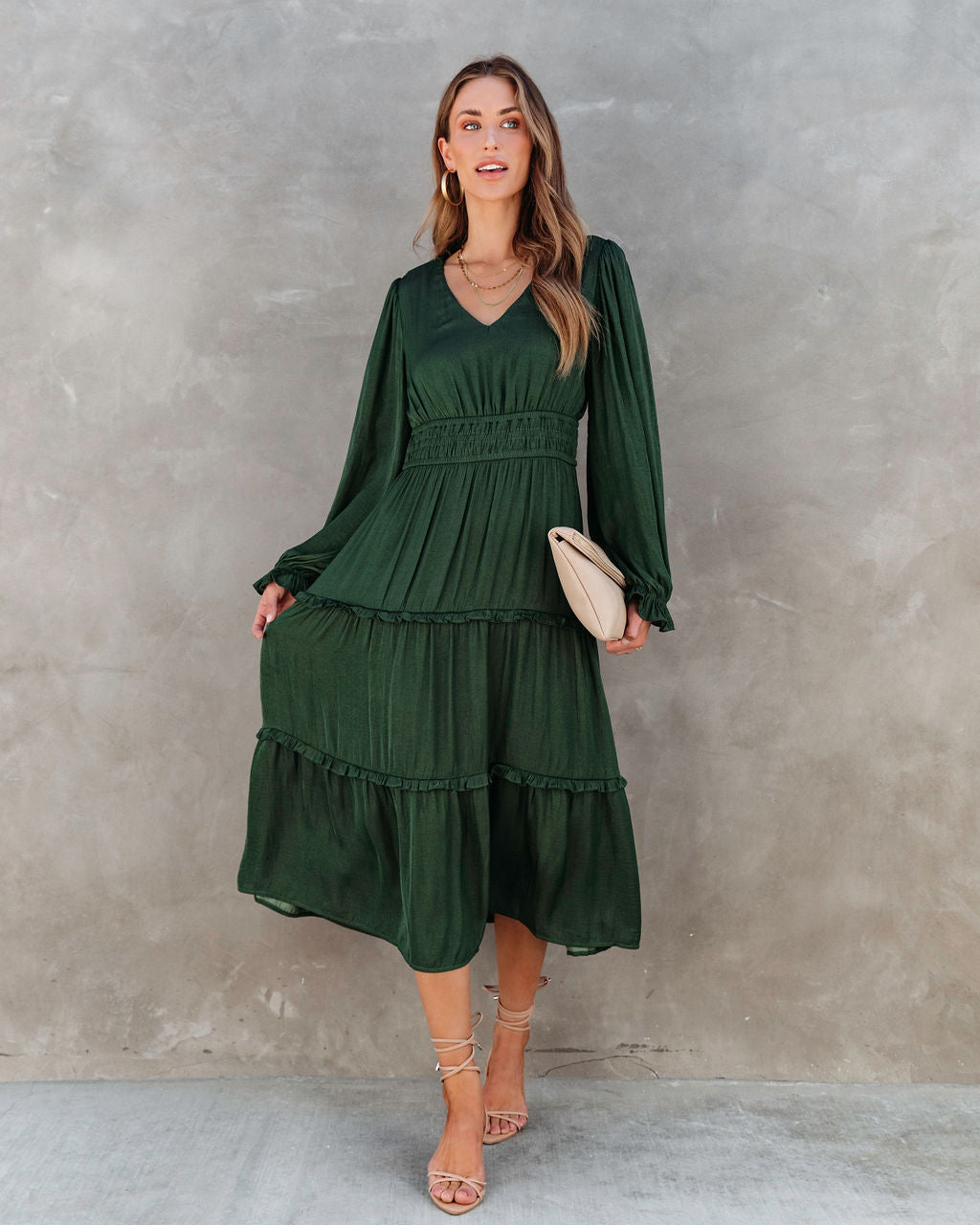 Monique Tiered Midi Dress - Forest Green