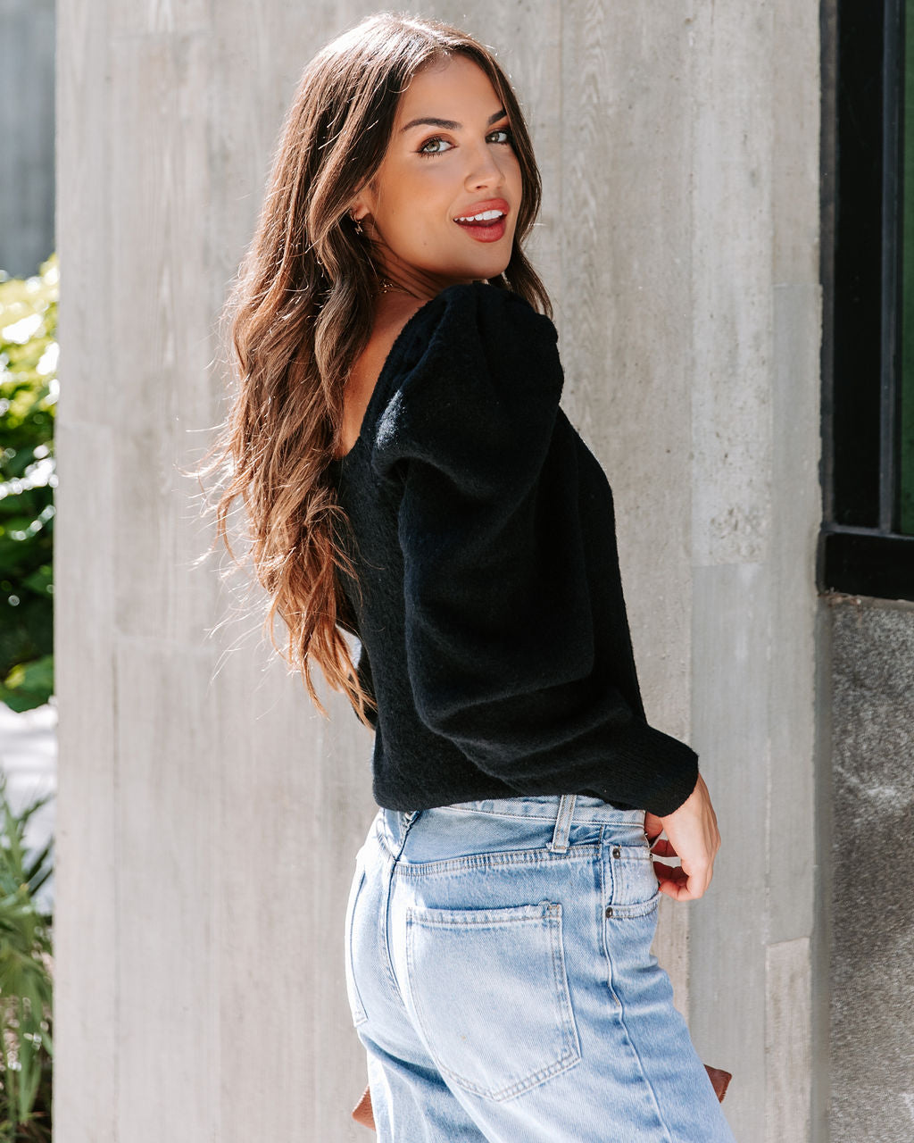 Arianna Knit Puff Sleeve Sweater - Black